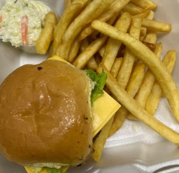 A cheeseburger with fries and coleslaw in a to-go box
